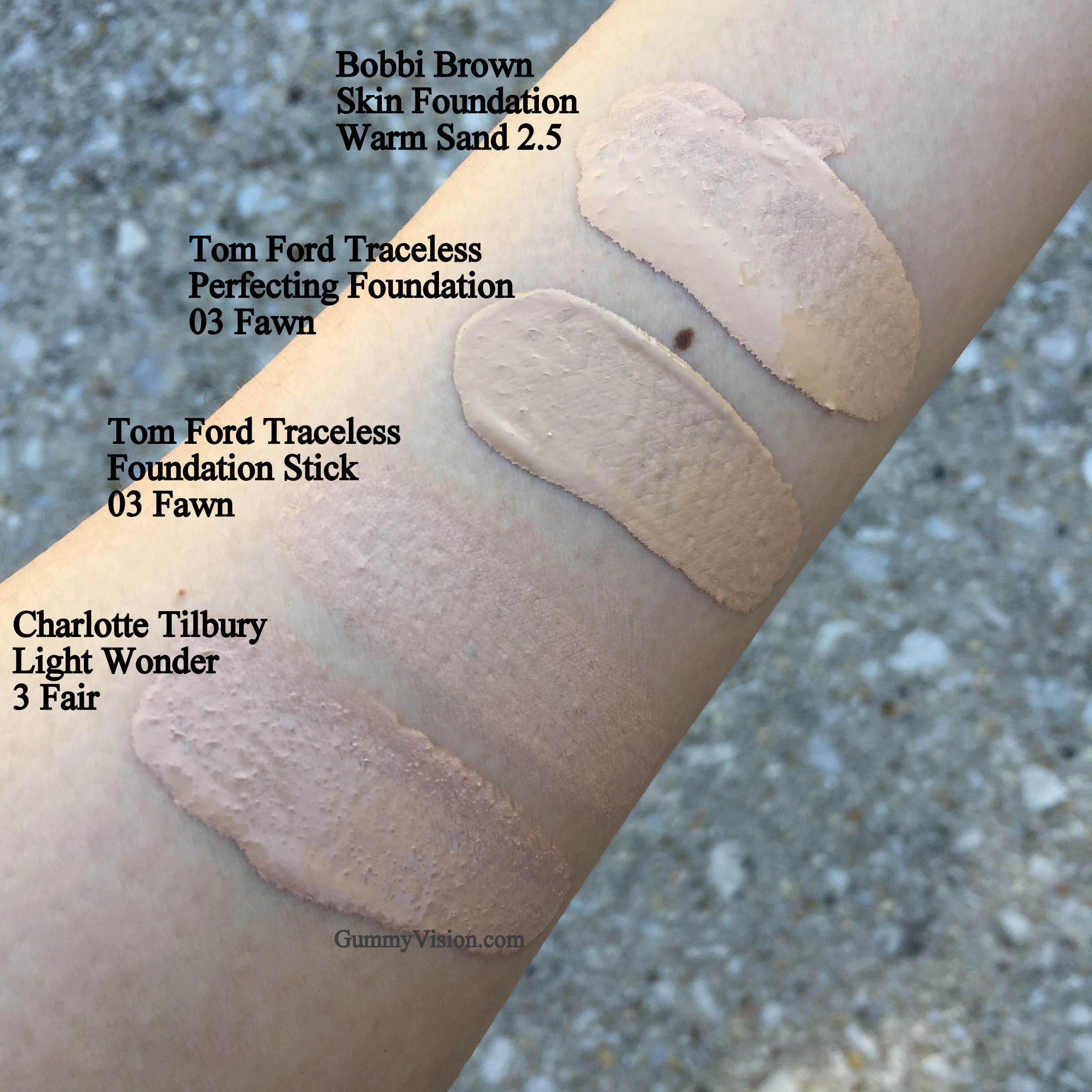 Bobbi Brown Skin Foundation in Warm Sand 2.5,&nbsp;Tom Ford Traceless Perfecting Foundation SPF15 in 03 Fawn,&nbsp;Tom Ford Traceless Foundation Stick in 03 Fawn - My best, near spot on match,&nbsp;Charlotte Tilbury Light Wonder in 03 Fair - www.gum…