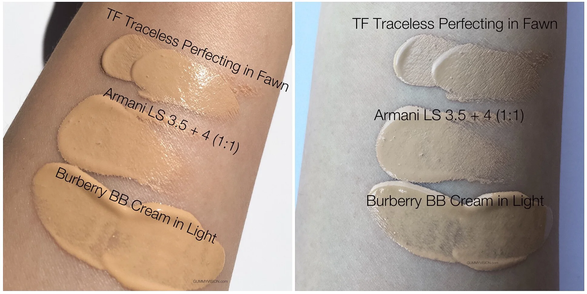 Comparison swatches, L - sunlight, R - inside light: Burberry Fresh Glow BB Cream SPF20 in Light - gummyvision.com
