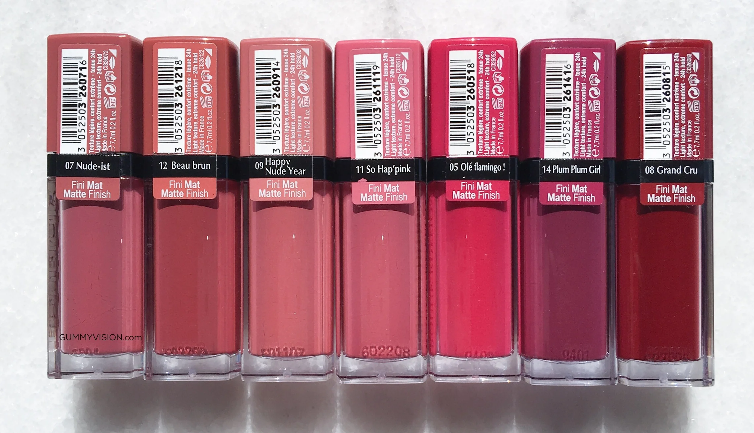 Bourjois Rouge Edition Velvet Lipsticks (L-R): 07 Nude-ist, 12 Beau Brun, 09 Happy Nude-Year, 11 So Hap'pink, 05 Ole Flamingo, 14 Plum Plum Girl, 08 Grand Cru
