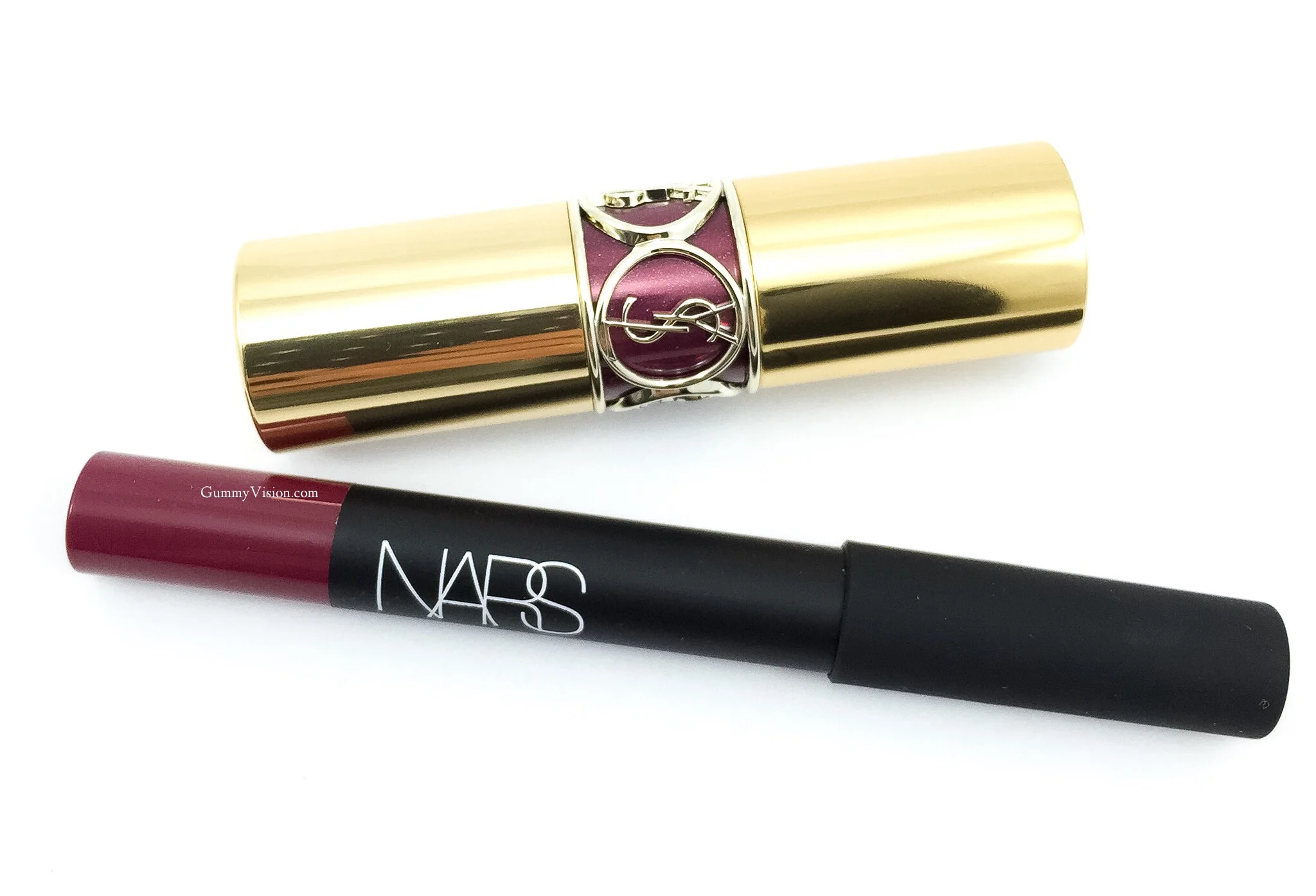 NARS Velvet Matte Lip Pencil In Damned + YSL Rouge Volupte Shine In 2 Pourpre Intouchable - www.gummyvision.com