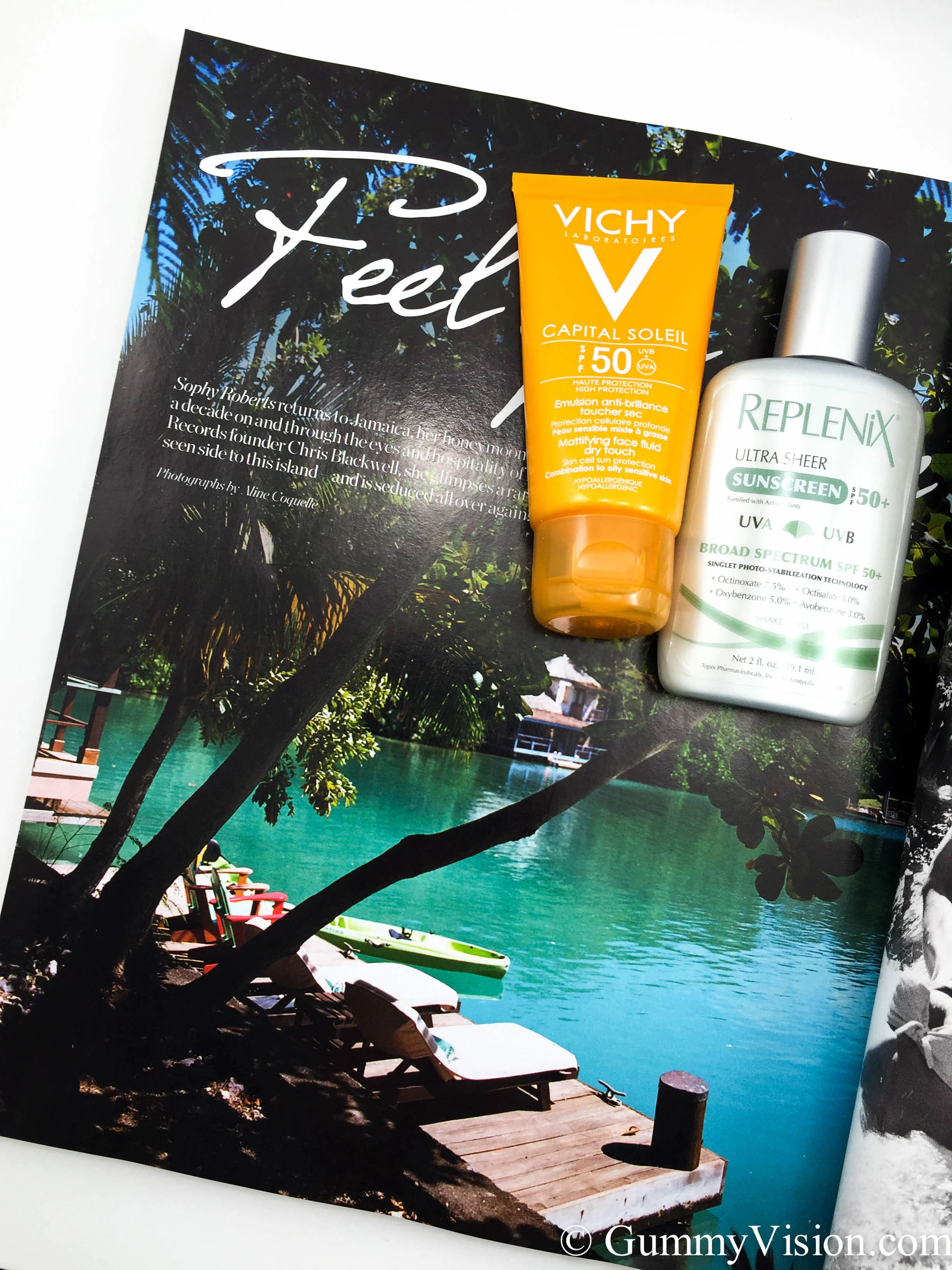 Vichy Capital Soleil Mattifying Face Fluid Dry Touch SPF50 (European version) &amp; Replenix Ultra Sheer Sunscreen SPF50+. Magazine is Net-A-Porter Fall 2014.