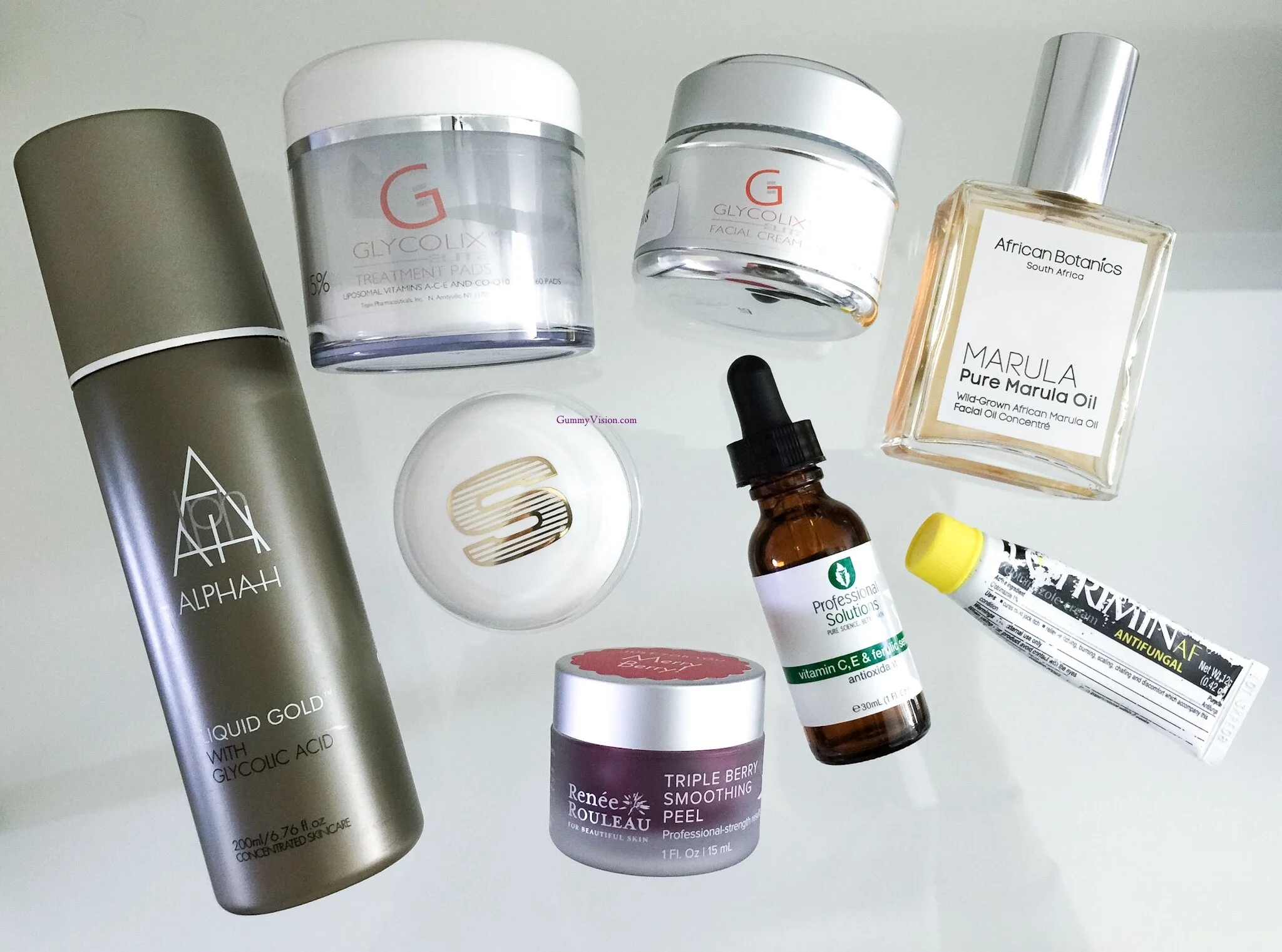2014 Skincare Favorites - www.gummyvision.com - Alpha H Liquid Gold, Glycolix Elite 15% Treatment Pads 15%, Professional Solutions Vitamin C,B,E &amp; Ferulic Serum, African Botanics Pure Marula Oil, Lotrimin Antifungal, Renee Rouleau Triple Berry S…