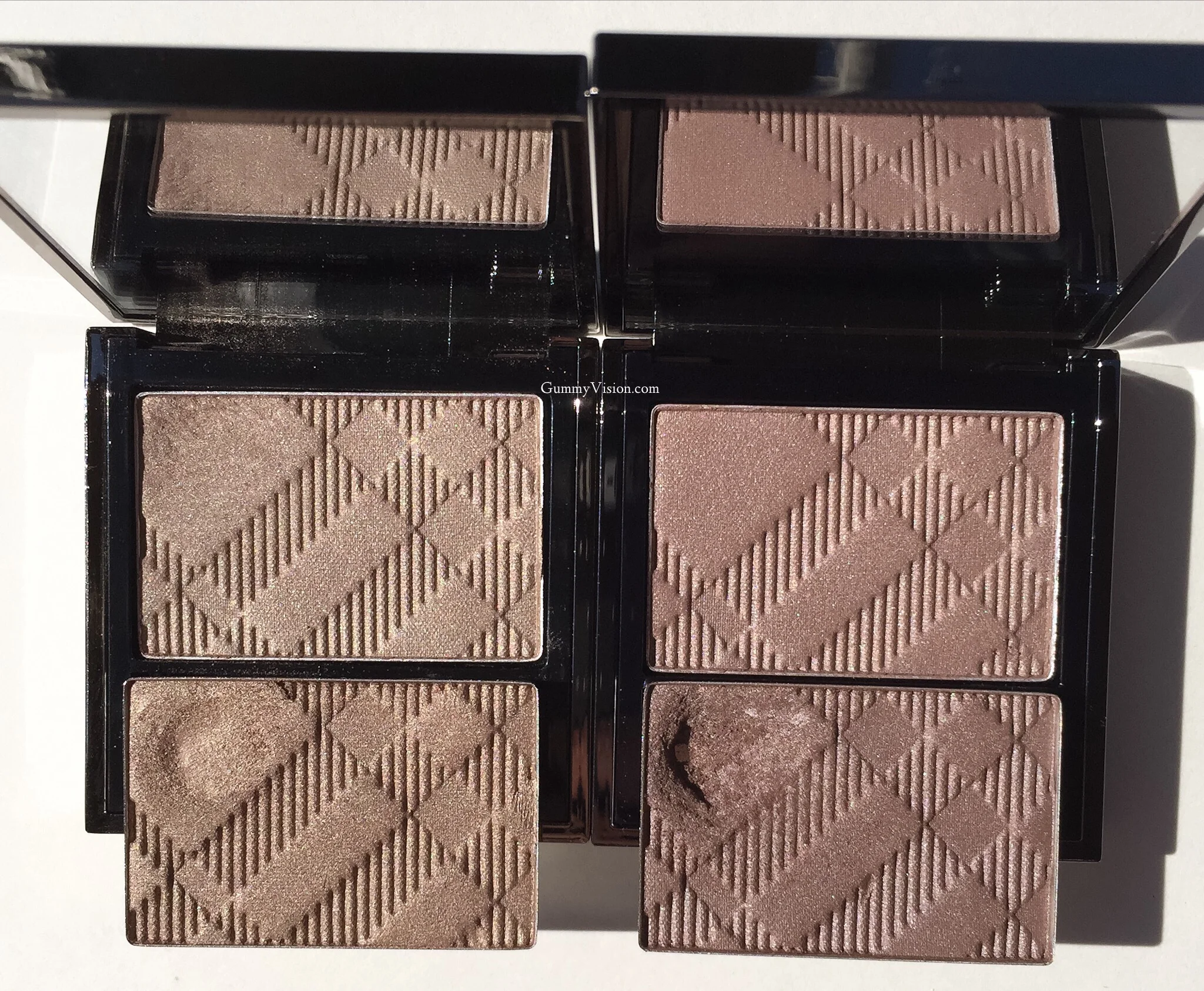 L - Burberry Pale Barley (new &nbsp;Wet and Dry version on top, old version on bottom, depotted). R - Burberry Rosewood (new Wet and Dry version on top, old version on bottom, deported) - gummyvision.com
