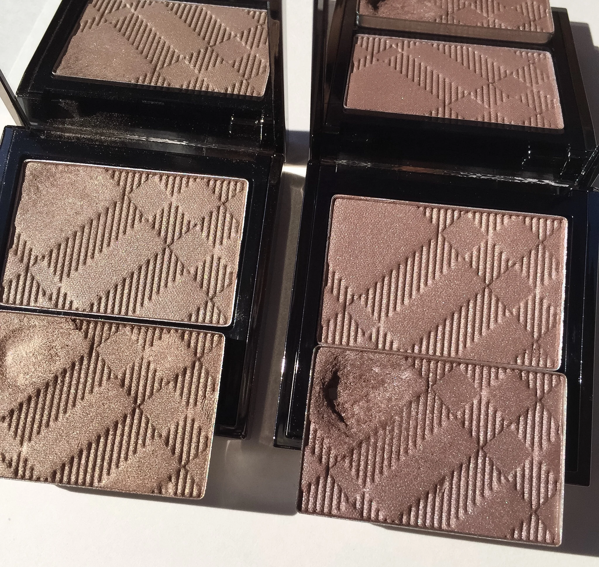 L - Burberry Pale Barley (new &nbsp;Wet and Dry version on top, old version on bottom, depotted). R - Burberry Rosewood (new Wet and Dry version on top, old version on bottom, deported) - gummyvision.com