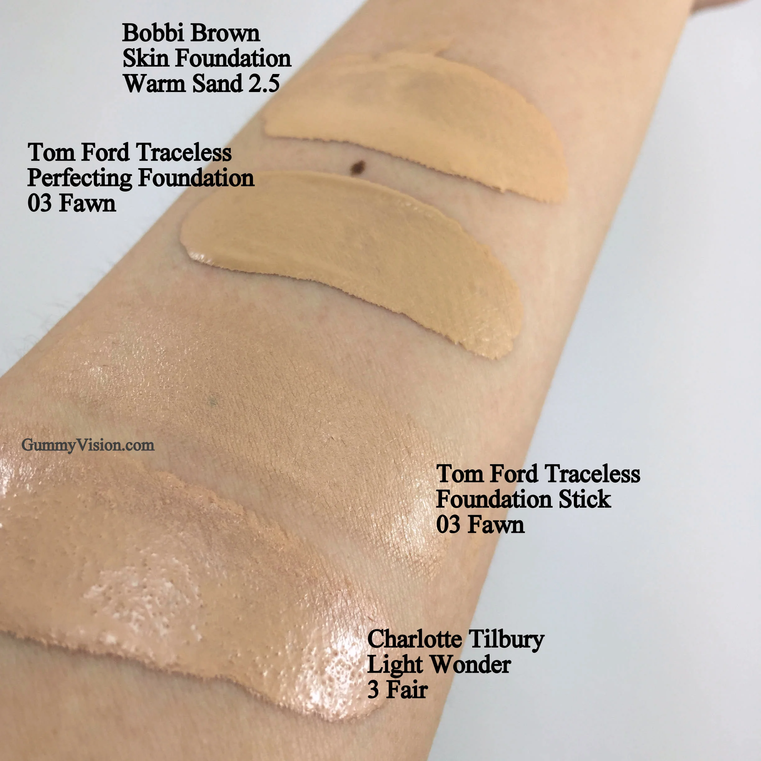 Bobbi Brown Skin Foundation in Warm Sand 2.5,&nbsp;Tom Ford Traceless Perfecting Foundation SPF15 in 03 Fawn,&nbsp;Tom Ford Traceless Foundation Stick in 03 Fawn - My best, near spot on match,&nbsp;Charlotte Tilbury Light Wonder in 03 Fair - www.gum…