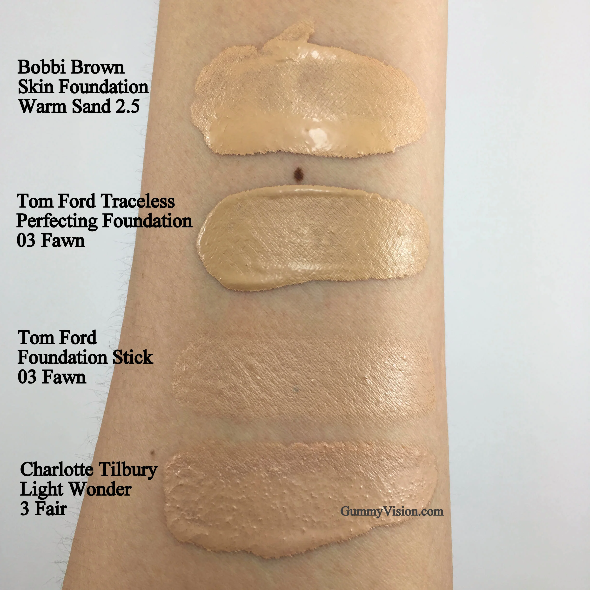 Bobbi Brown Skin Foundation in Warm Sand 2.5,&nbsp;Tom Ford Traceless Perfecting Foundation SPF15 in 03 Fawn,&nbsp;Tom Ford Traceless Foundation Stick in 03 Fawn - My best, near spot on match,&nbsp;Charlotte Tilbury Light Wonder in 03 Fair - www.gum…