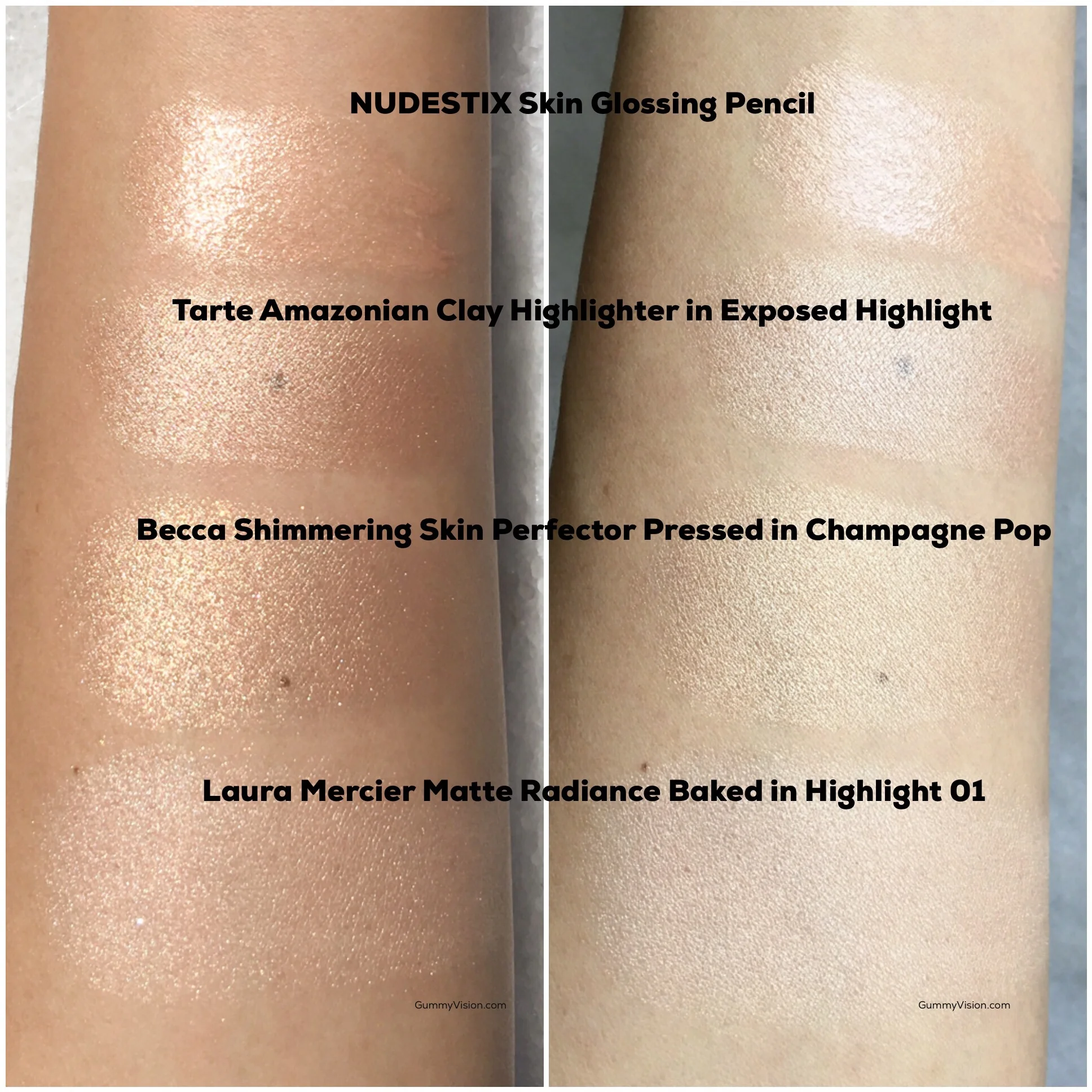 Heavy swatches of (L - sunlight, R - indoors) NUDESTIX Skin Glossing Pencil&nbsp;and the Tarte Amazonian Clay 12-hr Highlighter in Exposed Highlight vs. Becca and Laura Mercier&nbsp;