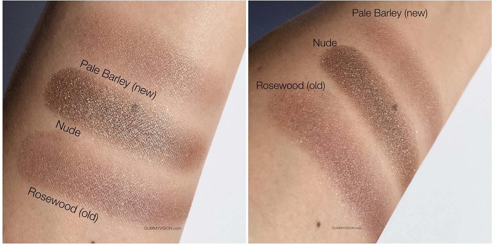 Sunlight swatches. Burberry Wet &amp; Dry Glow Eyeshadow in 002 Nude compared to Pale Barley (new) and Rosewood (old) - gummyvision.com