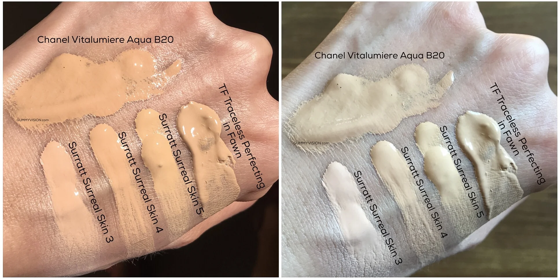 &nbsp;Surratt Surreal Real Skin Foundation Wand color comparisons (L - sunlight, R - indoor window light)&nbsp;