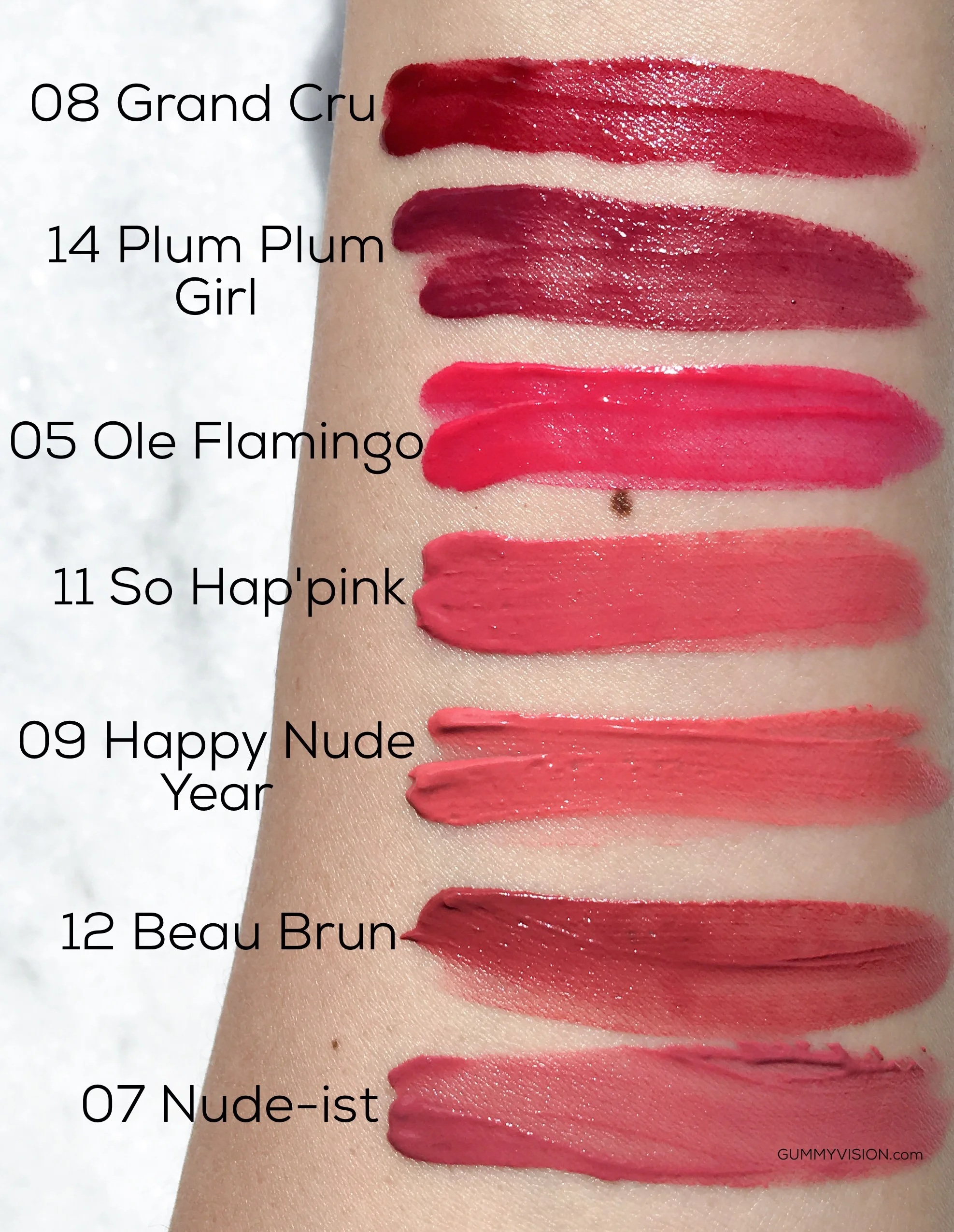 Bourjois Rouge Edition Velvet Lipsticks (Bottom to Top): 07 Nude-ist, 12 Beau Brun, 09 Happy Nude-Year, 11 So Hap'pink, 05 Ole Flamingo, 14 Plum Plum Girl, 08 Grand Cru