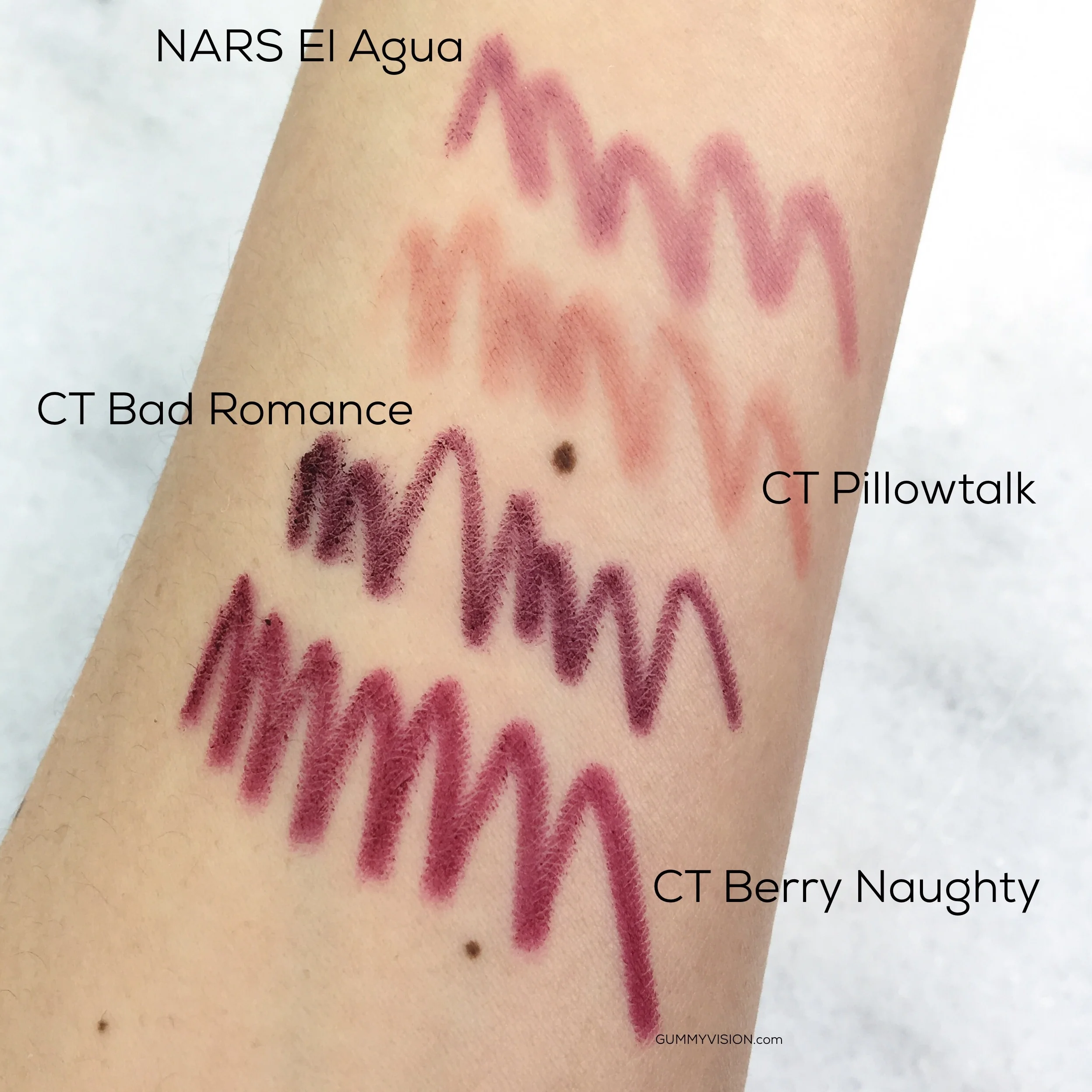Charlotte Tilbury Lip Cheat in Berry Naughty, Bad Romance &amp; Pillowtalk. NARS Velvet Lip Liner in El Agua&nbsp;