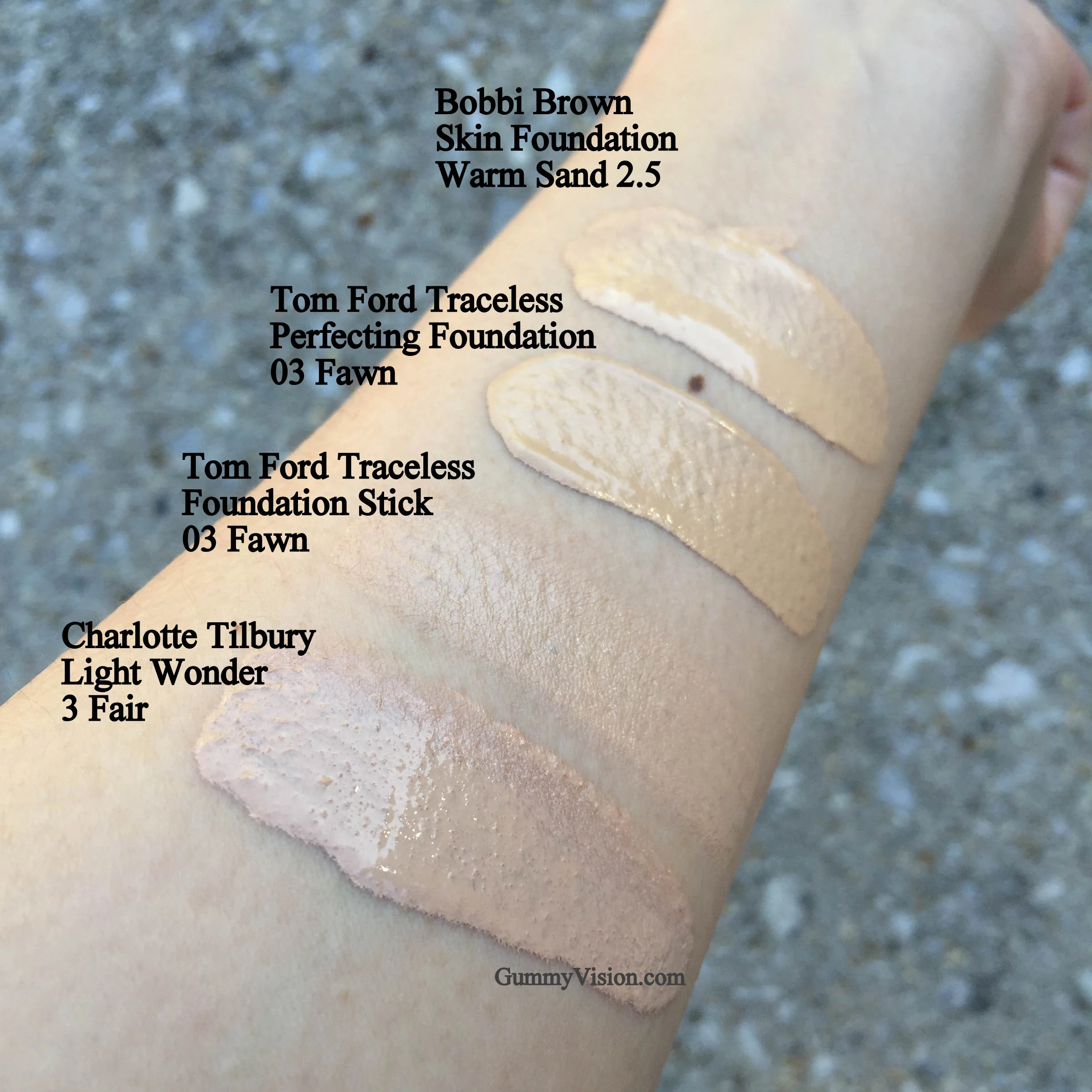 Bobbi Brown Skin Foundation in Warm Sand 2.5,&nbsp;Tom Ford Traceless Perfecting Foundation SPF15 in 03 Fawn,&nbsp;Tom Ford Traceless Foundation Stick in 03 Fawn - My best, near spot on match,&nbsp;Charlotte Tilbury Light Wonder in 03 Fair - www.gum…
